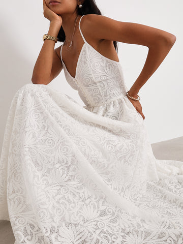 Robe Longue Trudie en Dentelle – Blanc Éclat