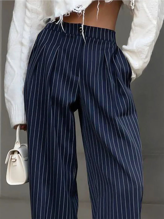 Pantalon Large à Pinces à Rayures Fines