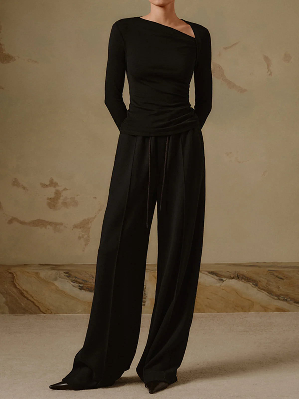 Chemise Asymétrique à Manches Longues en Maille Côtelée