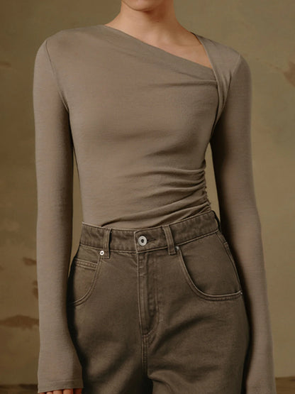 Chemise Asymétrique à Manches Longues en Maille Côtelée