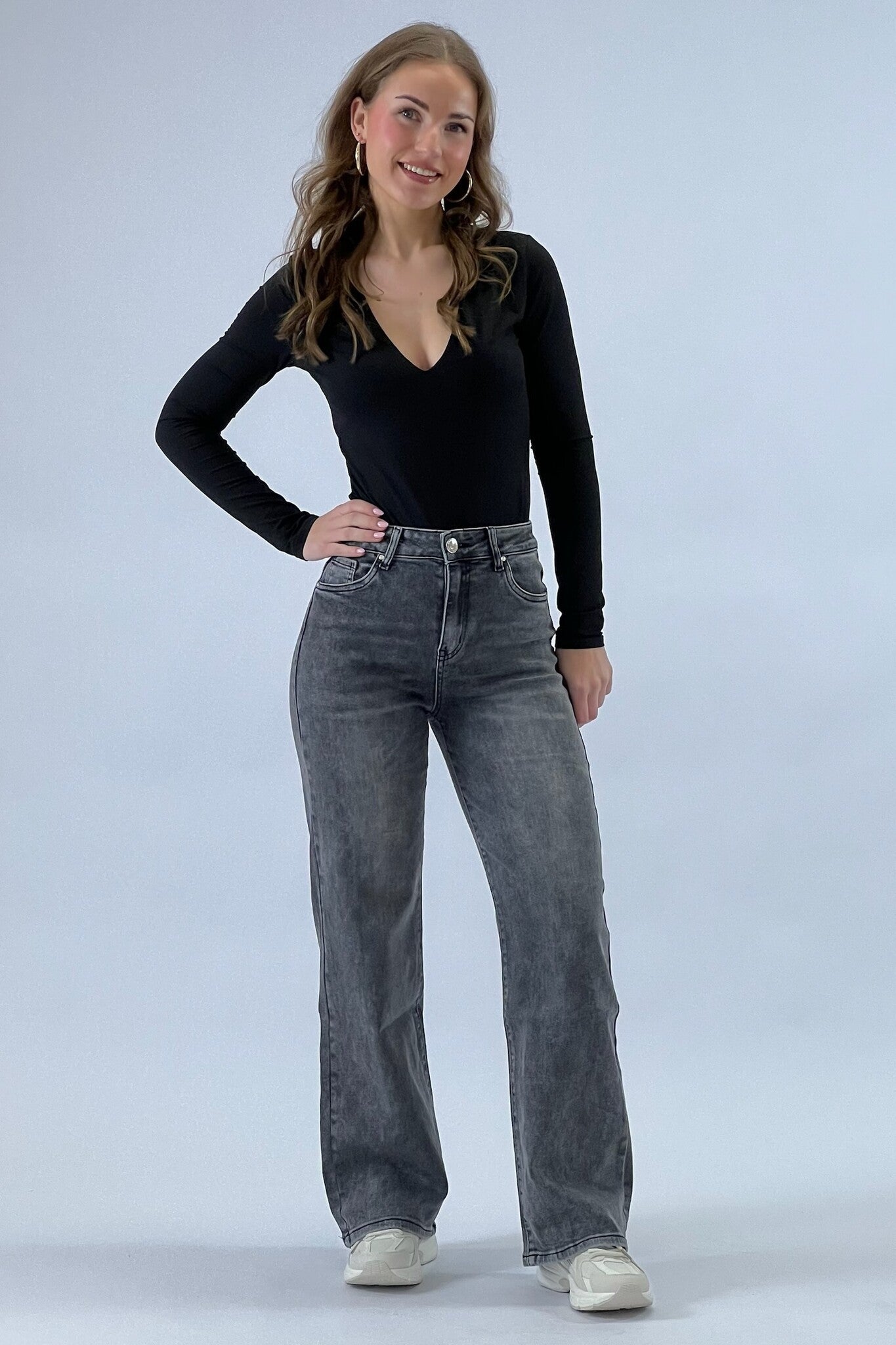 Jean super stretch à jambes larges - Gris foncé